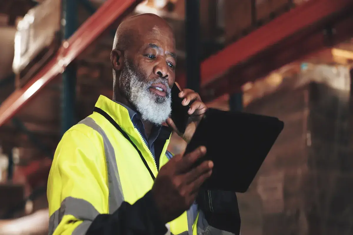 logistics-black-man-and-tablet-with
